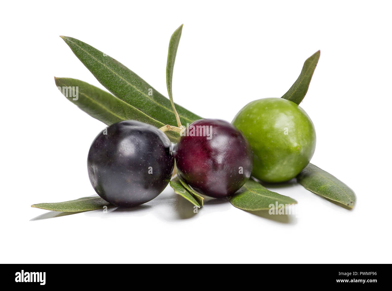 isolated three colorful olives, in three different colors Stock Photo