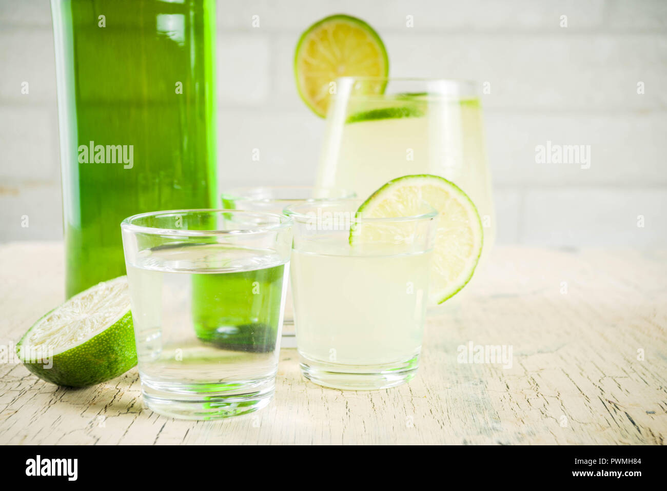 Traditional korean alcohol drink soju with sojulime cocktails on light