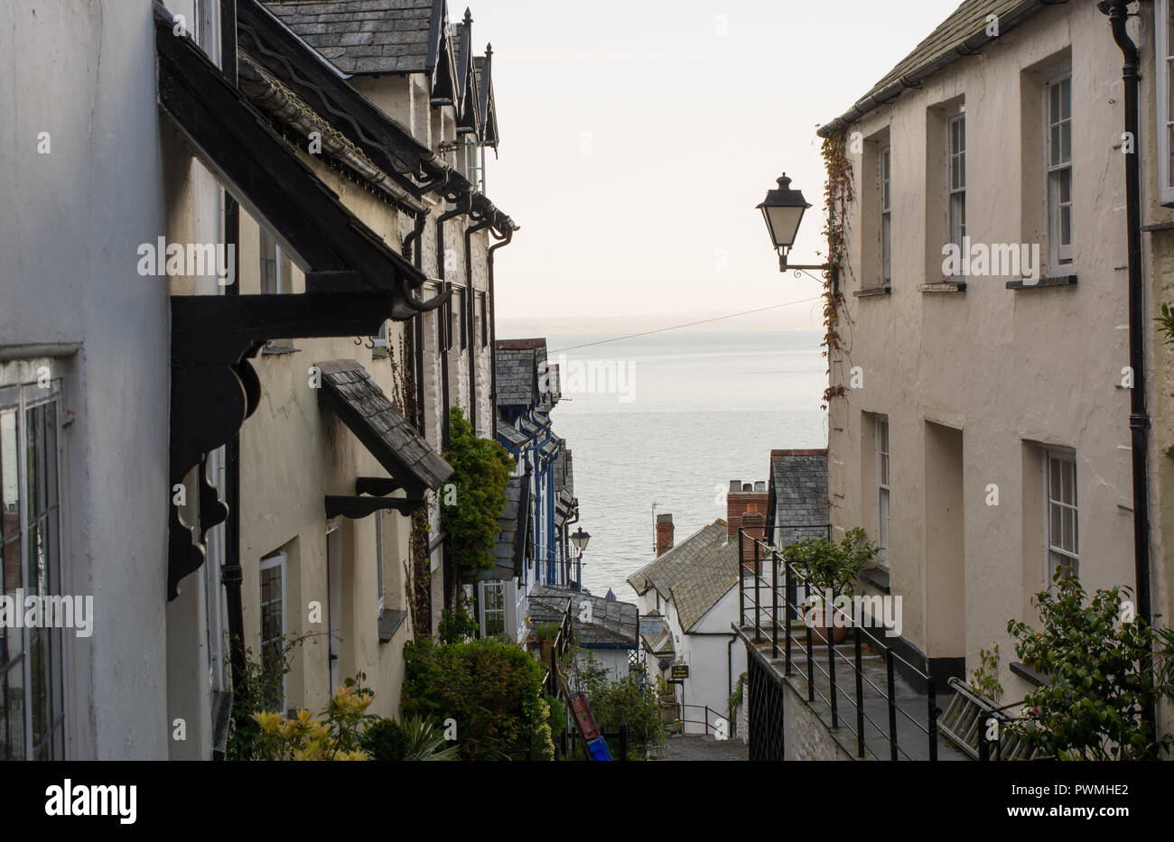 View down the main street towards harbour and sea. Clovelly, North Devon, England Stock Photo
