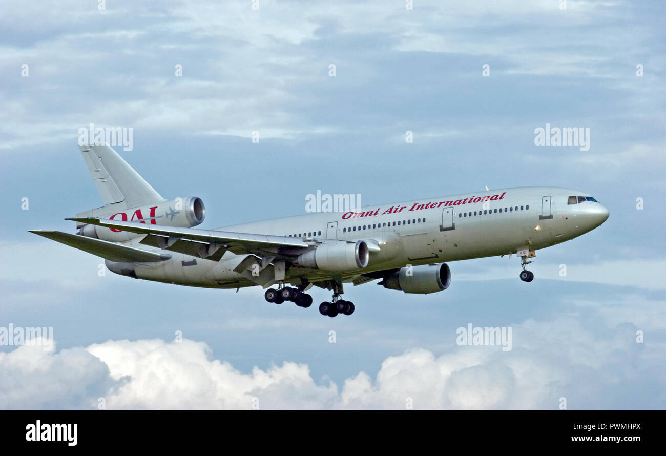 Omni Air International McDonnell Douglas DC-10-30ER landing at London Stansted airport. Stock Photo