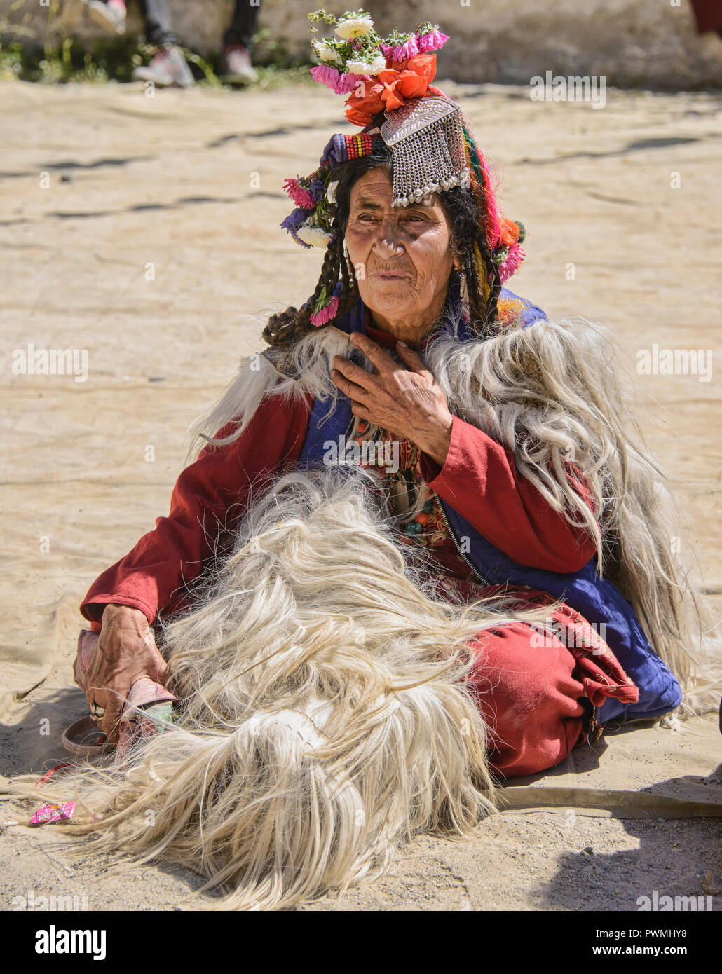 Aryan (Brogpa) woman in traditional costume, Biama village, Ladakh ...