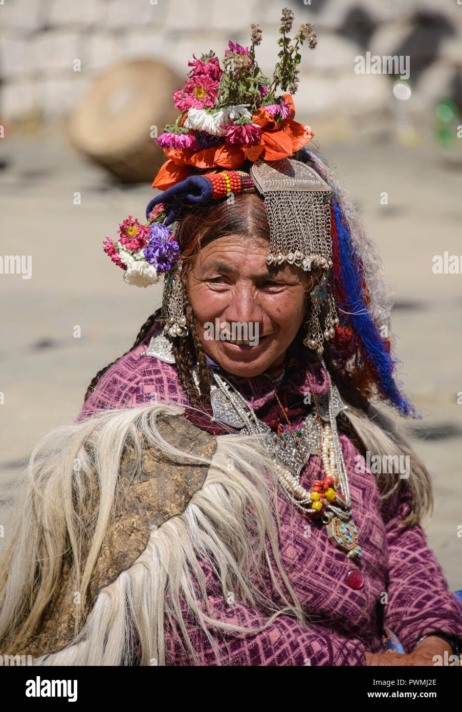 Aryan (Brogpa) woman in traditional costume, Biama village, Ladakh ...