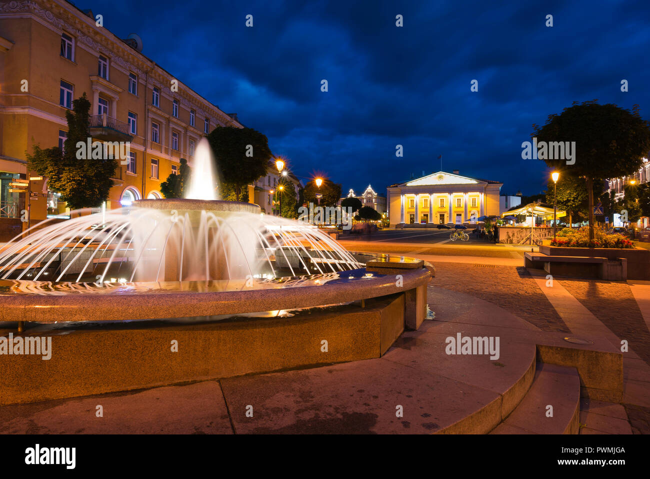 Vilnius Town Hall Square, view at night of the Town Hall Square (Rotuses aikste) in the centre of Vilnius Old Town, Lithuania. Stock Photo