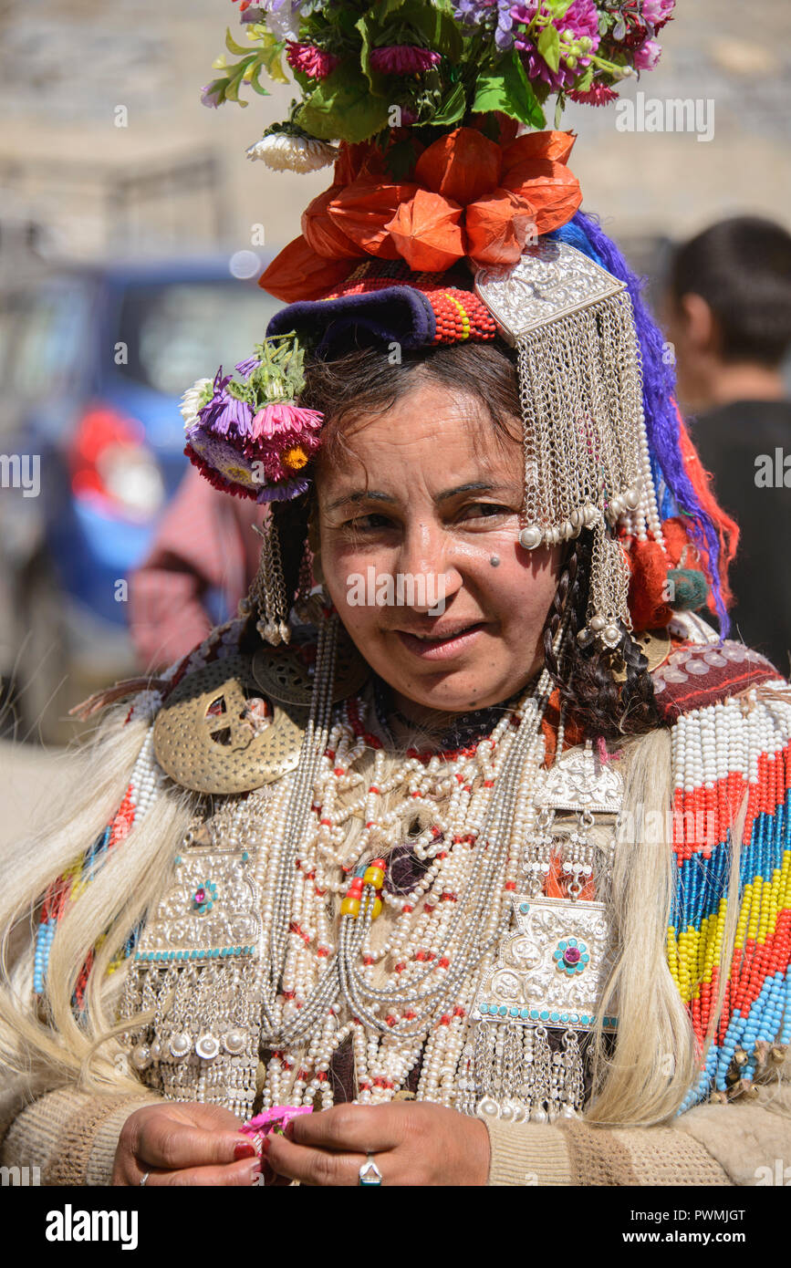 Aryan (Brogpa) woman in traditional costume, Biama village, Ladakh ...