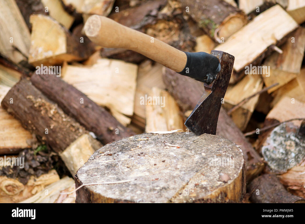 An axe on a wood, tree log. An axe stuck in a log in front of a pile of ...