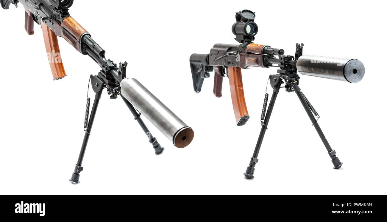 Reflex sight and silencer assigned on AK-47 machinegun Stock Photo