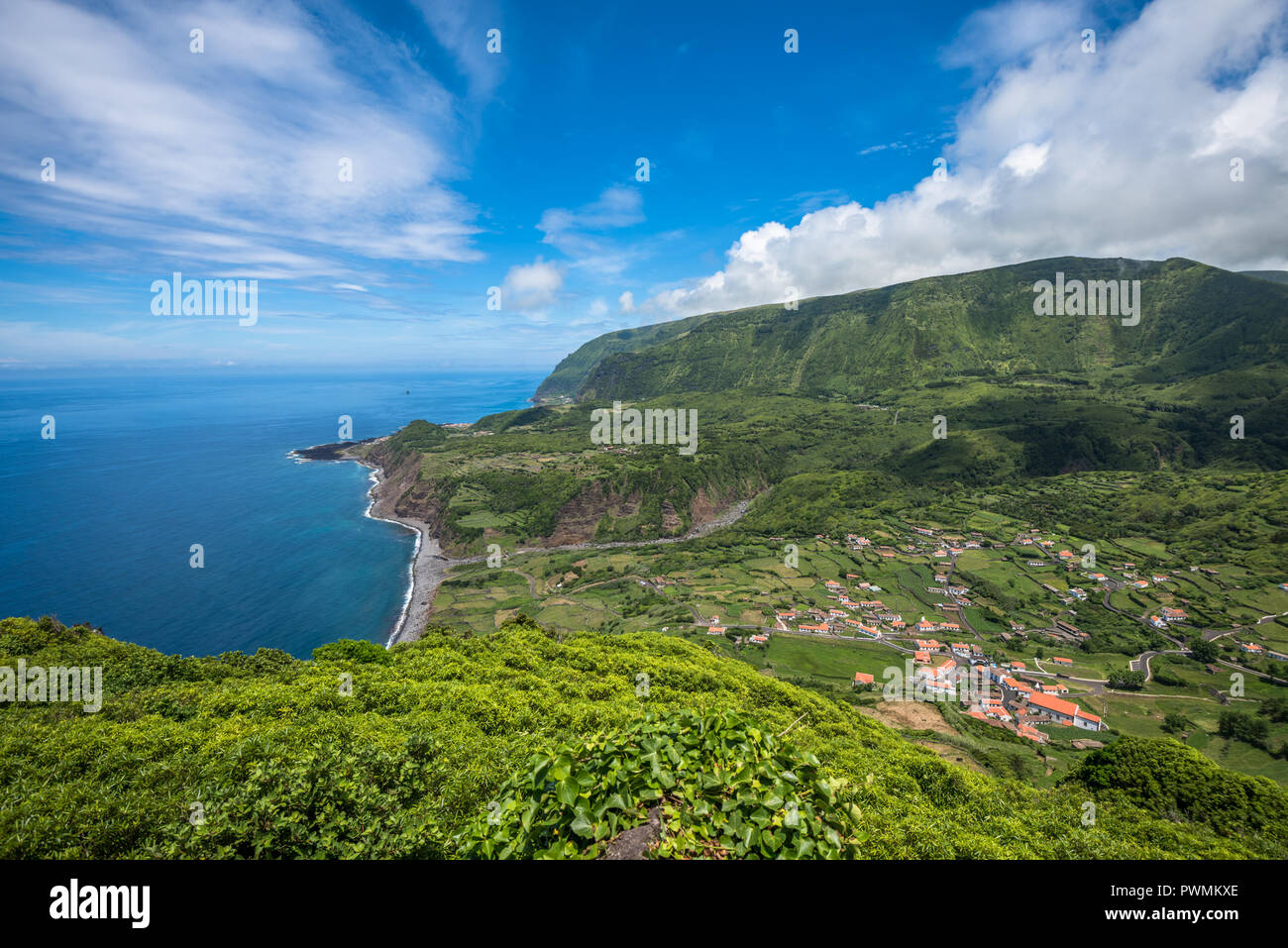 Green coastline of Flores island, Azores, Portugal Stock Photo