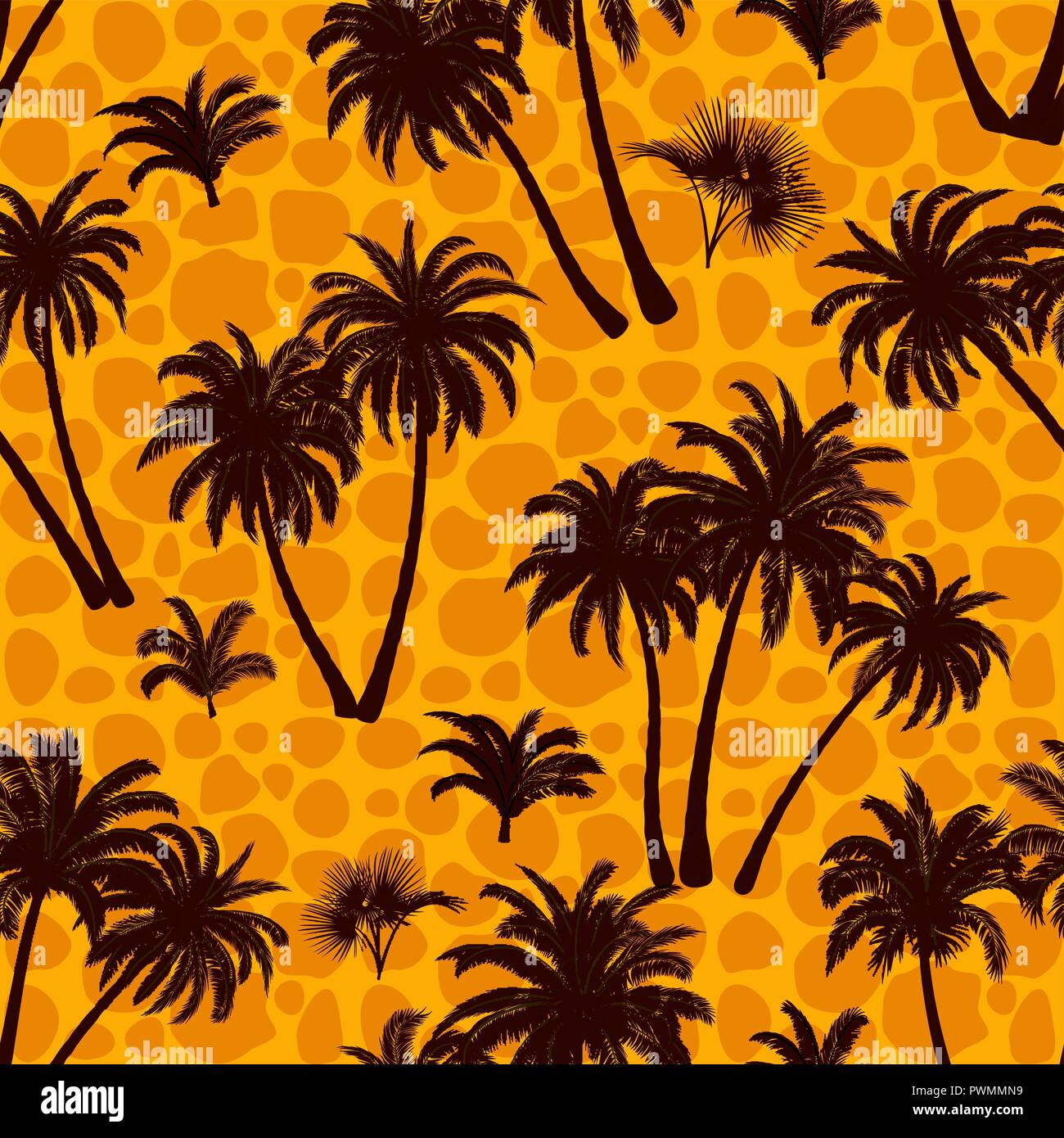 Seamless Pattern, Tropical Landscape, Palms Trees and Exotic Plants Black Silhouettes on Abstract Tile Background. Vector Stock Vector