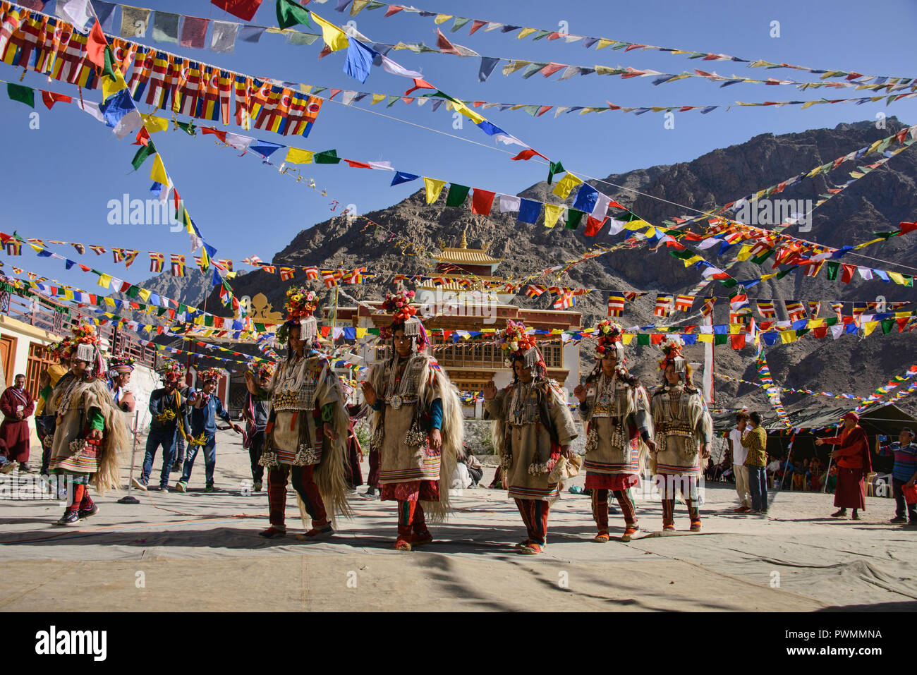 Aryan (Brogpa) girls dancing at a traditional festival, Biama village ...