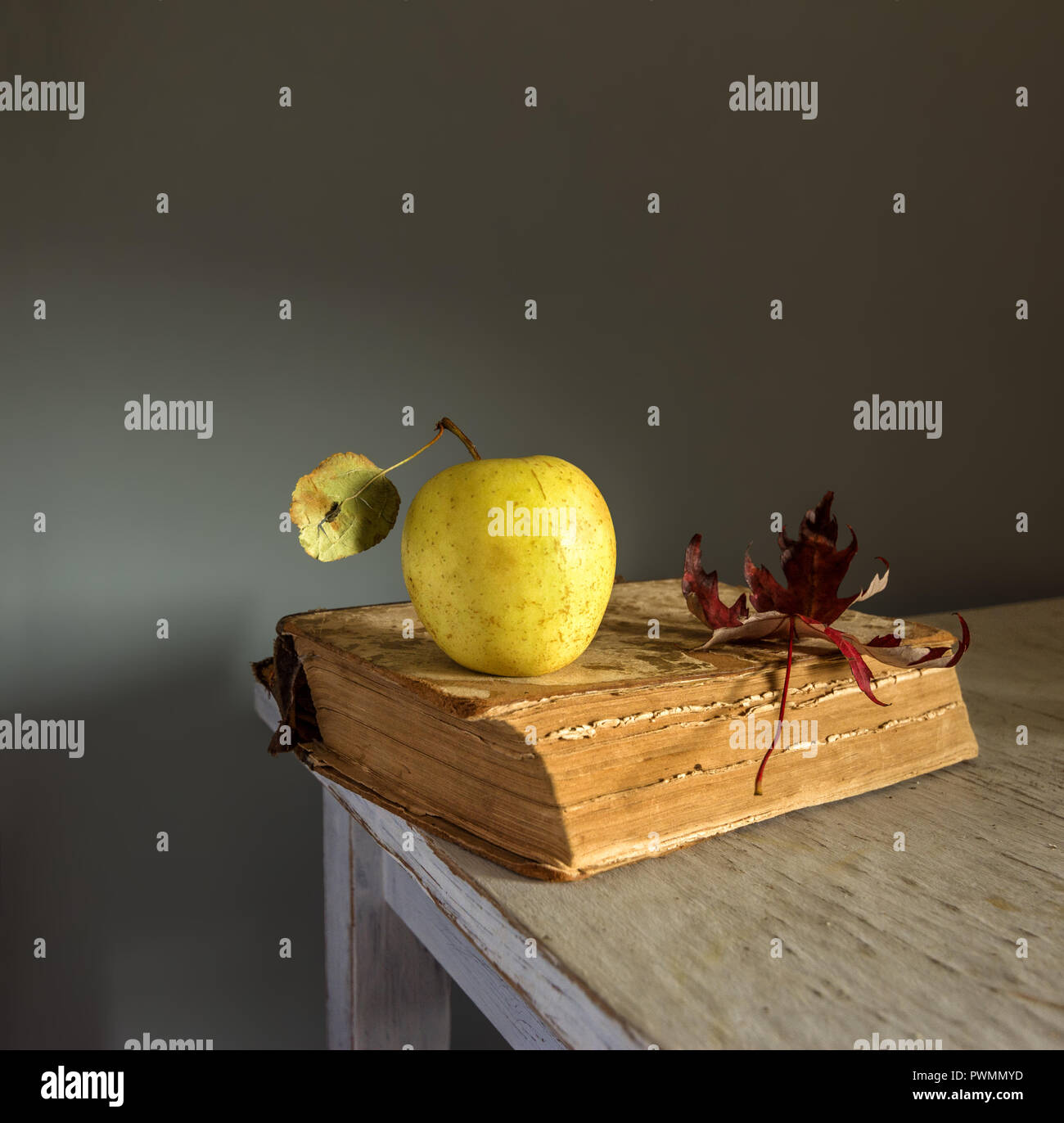 still life with an apple and a book. vintage minimalism. Stock Photo