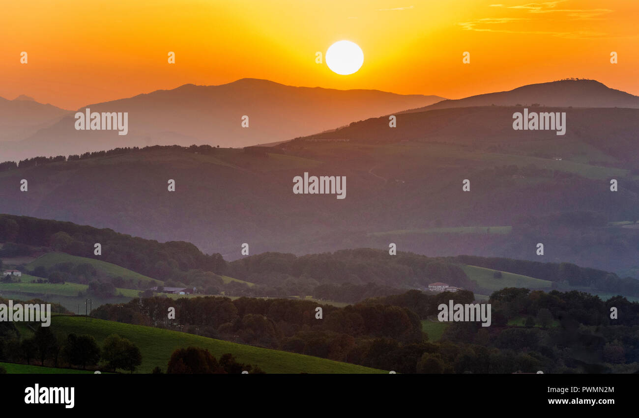 Spain, Basque Country, Baztan valley, sunset seen from the road of the ...