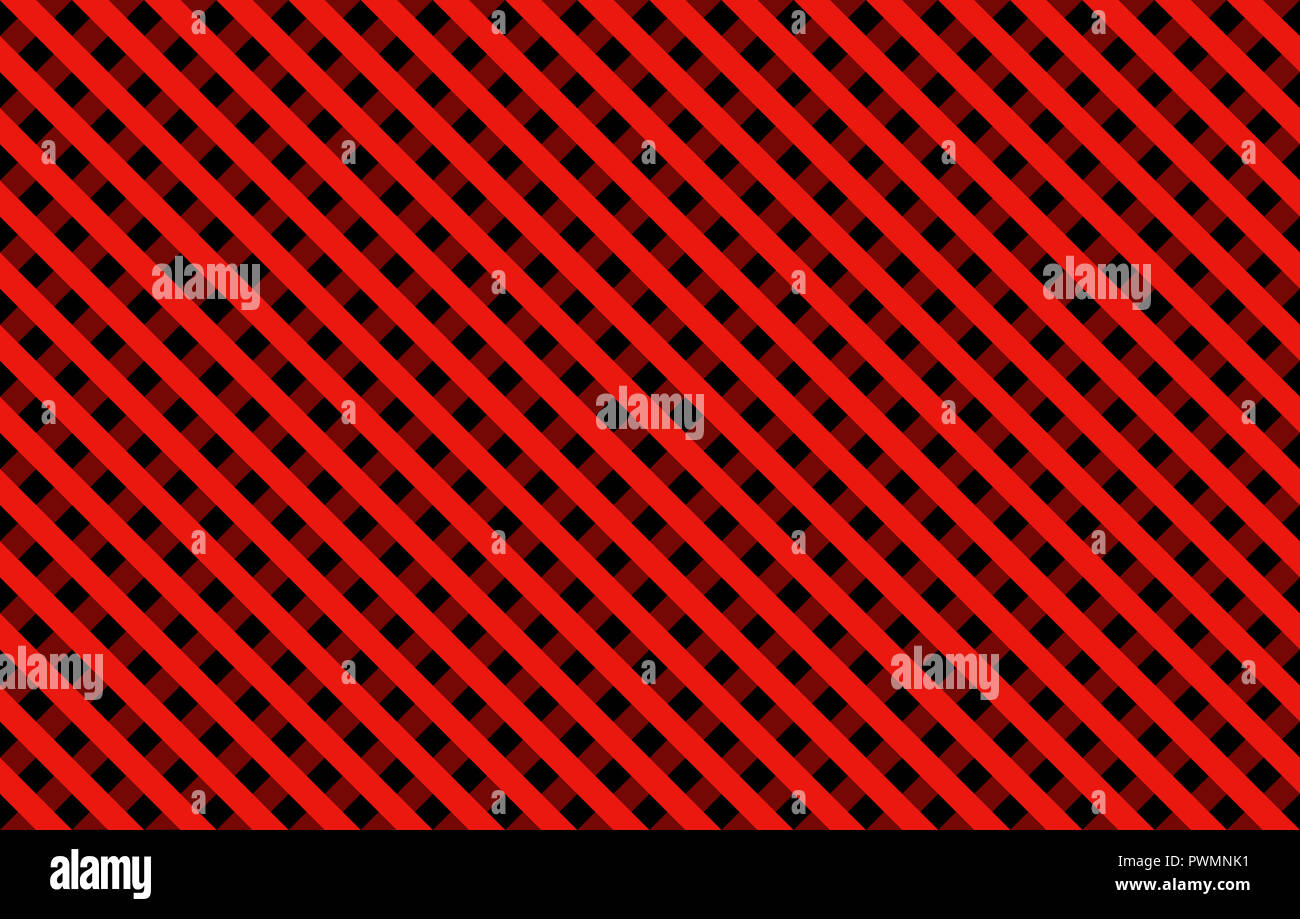 Diagonal Gingham-like pattern with dominant red and black lines, seamless design of symmetrical overlapping stripes in a single solid color Stock Photo