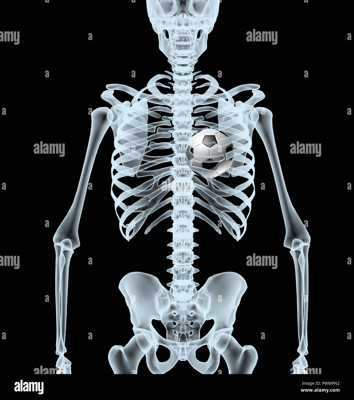 skeleton X-Ray displaying soccer ball instead heart. isolated 3d illustration on a black background Stock Photo