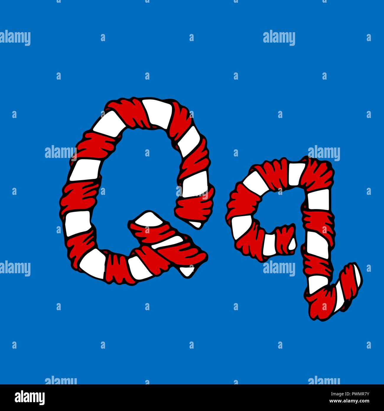 Wrapped in a ribbon letter Q. Blue and red letter. Vector illustration