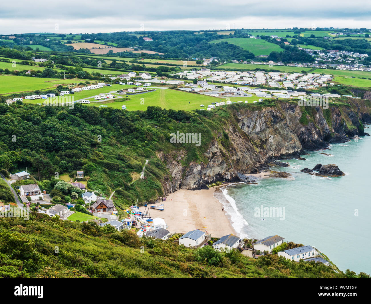 View from the coastal path at Tresaith on the Welsh coast in Ceredigion. Stock Photo