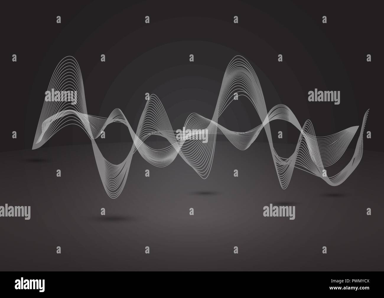 Abstract dynamic line on balck background. Can be used for digital equalizer, sound wave or infographic and timeline elements. Stock Vector