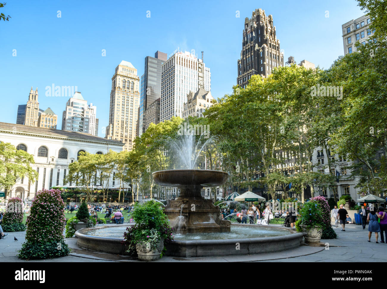 The fountain in Bryant Park, New York, Manhattan Stock Photo
