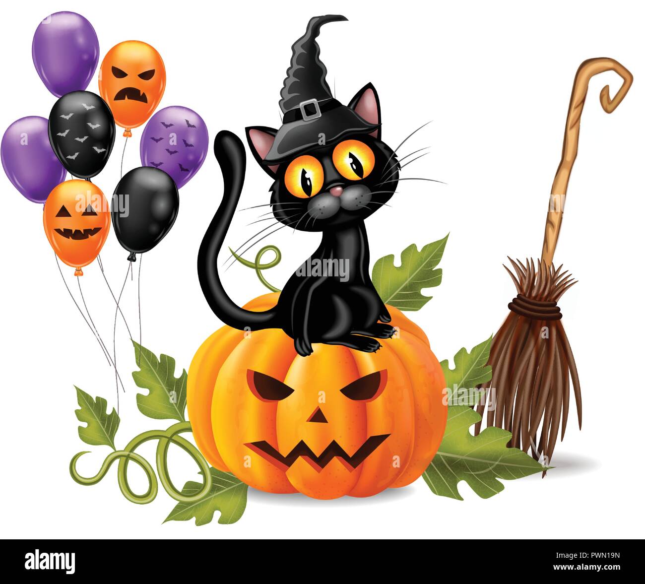 Halloween card with black cat sitting on a pumpkin Vector realistic ...