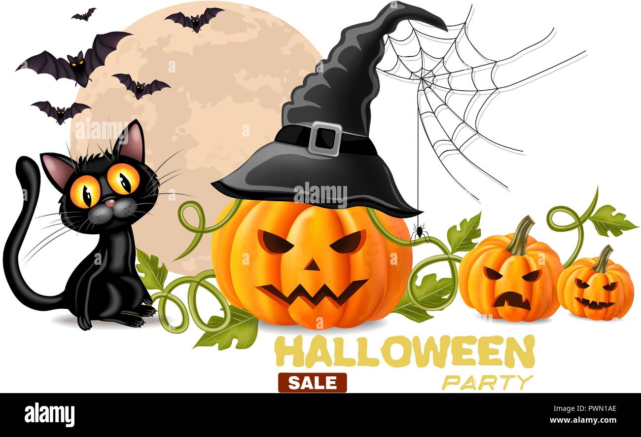 Halloween card with black cat and pumpkins faces Vector realistic ...
