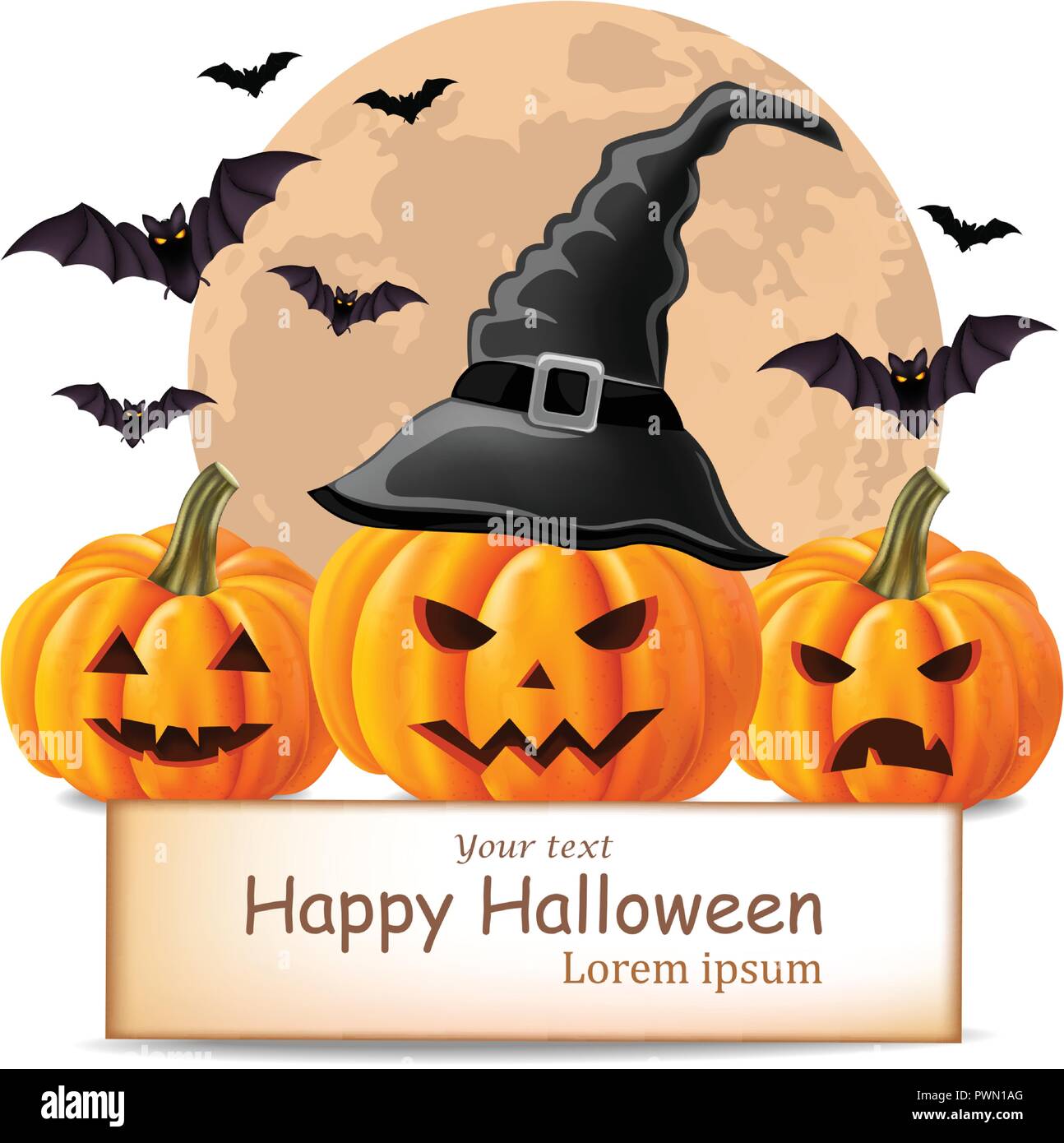 Happy Halloween background with pumpkins faces and bats Vector ...