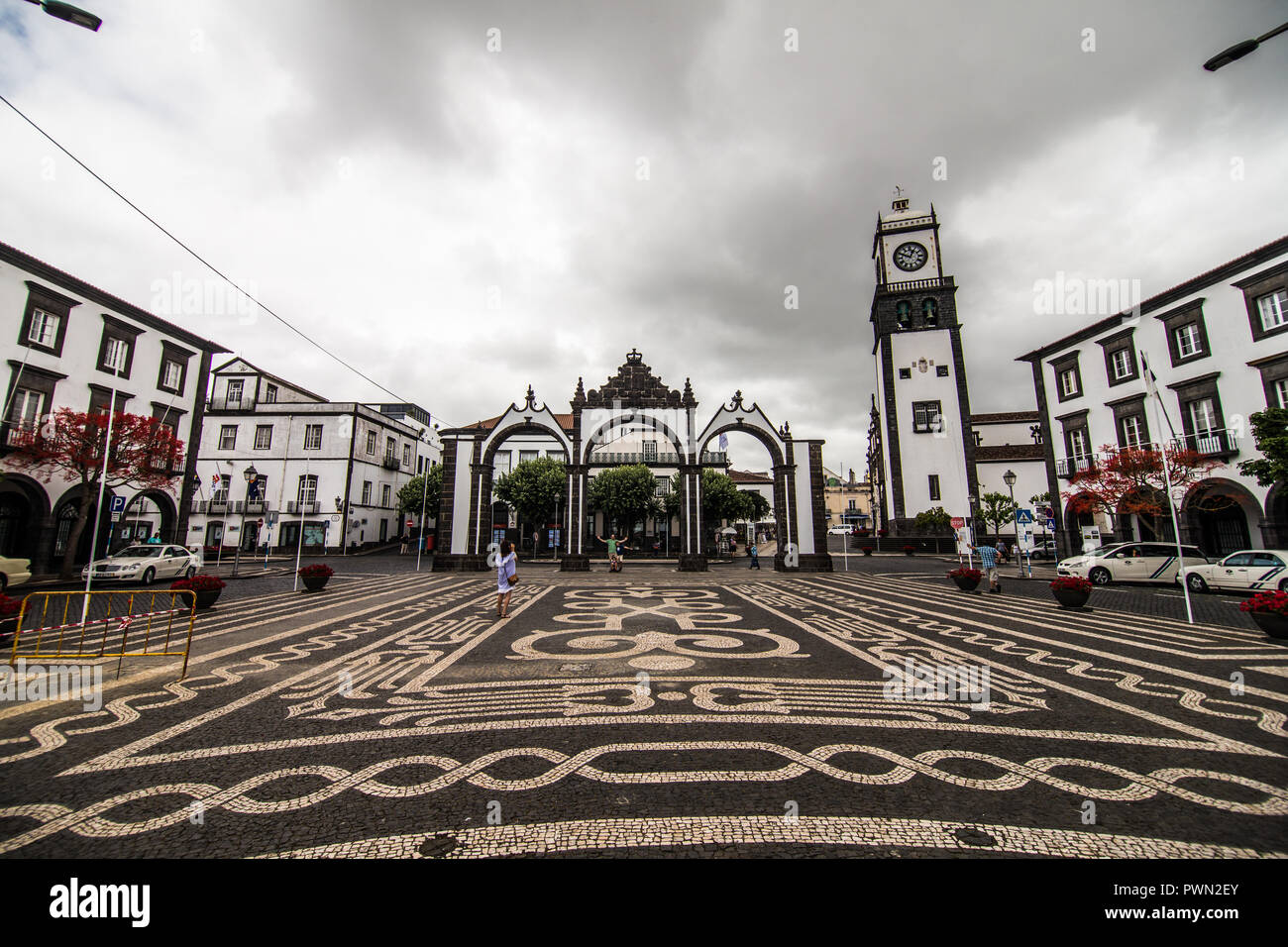 City view with harbor at Ponta Delgada, capital city of the Azores at ...