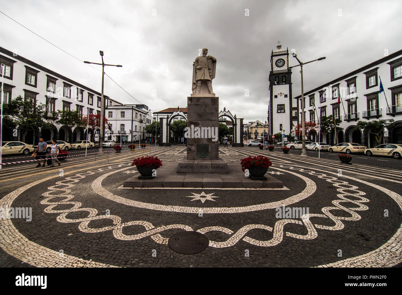 City view with harbor at Ponta Delgada, capital city of the Azores at ...