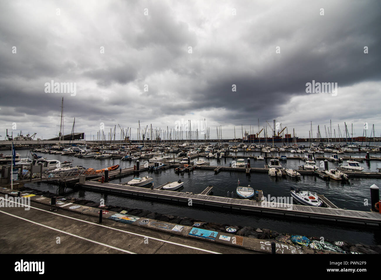 City view with harbor at Ponta Delgada, capital city of the Azores at ...