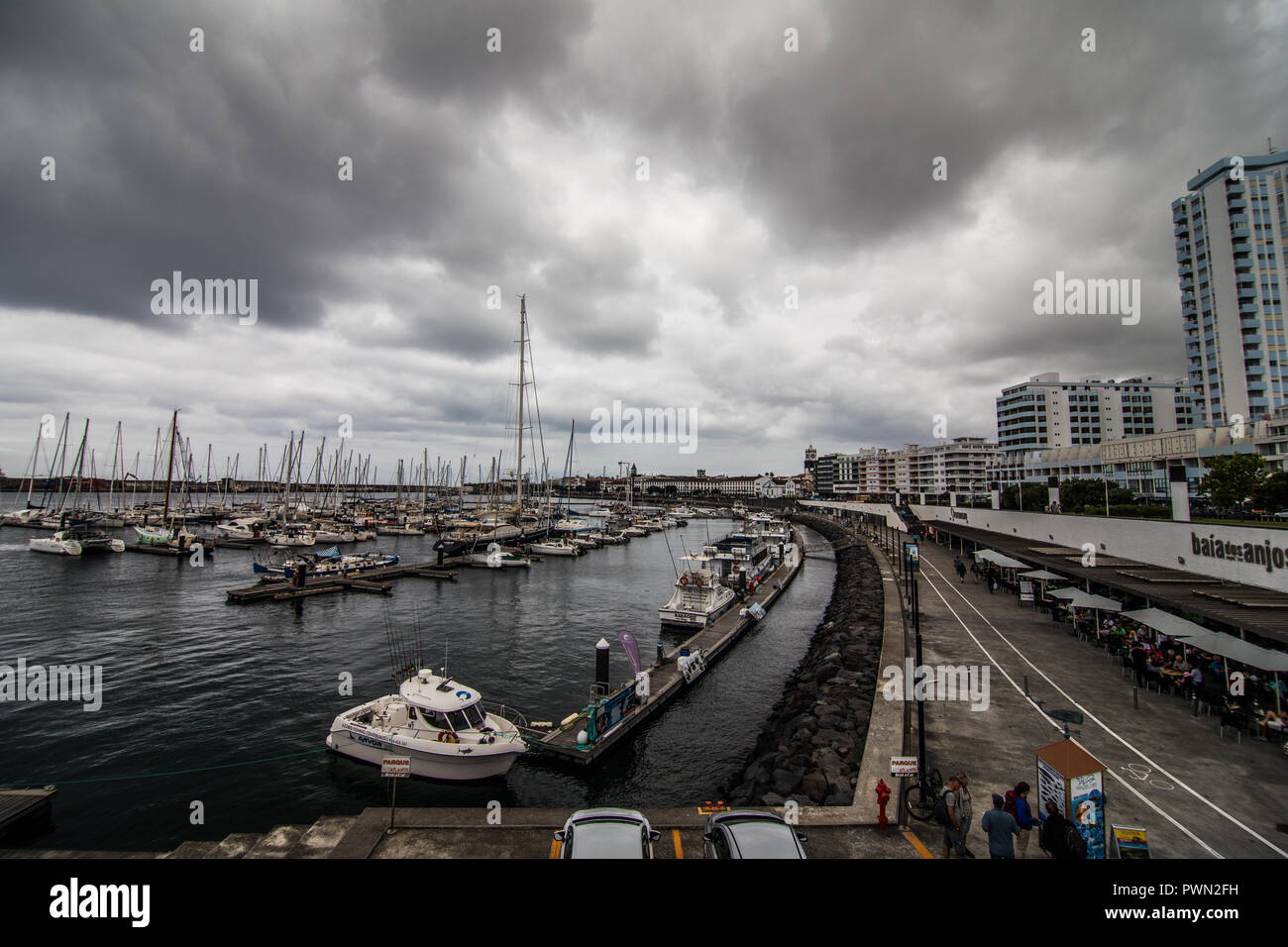 City view with harbor at Ponta Delgada, capital city of the Azores at ...