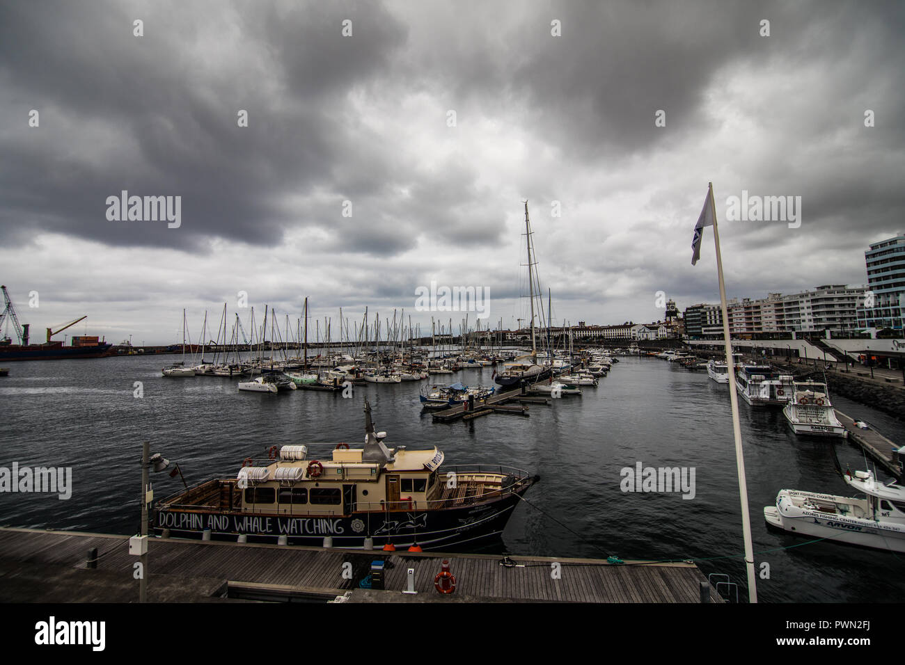 City view with harbor at Ponta Delgada, capital city of the Azores at ...
