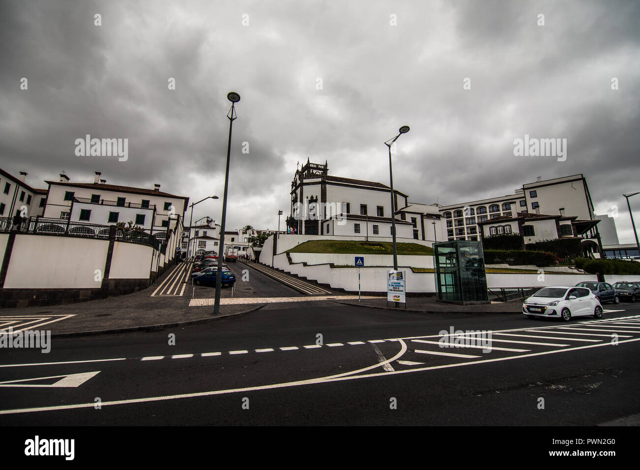City view with harbor at Ponta Delgada, capital city of the Azores at ...
