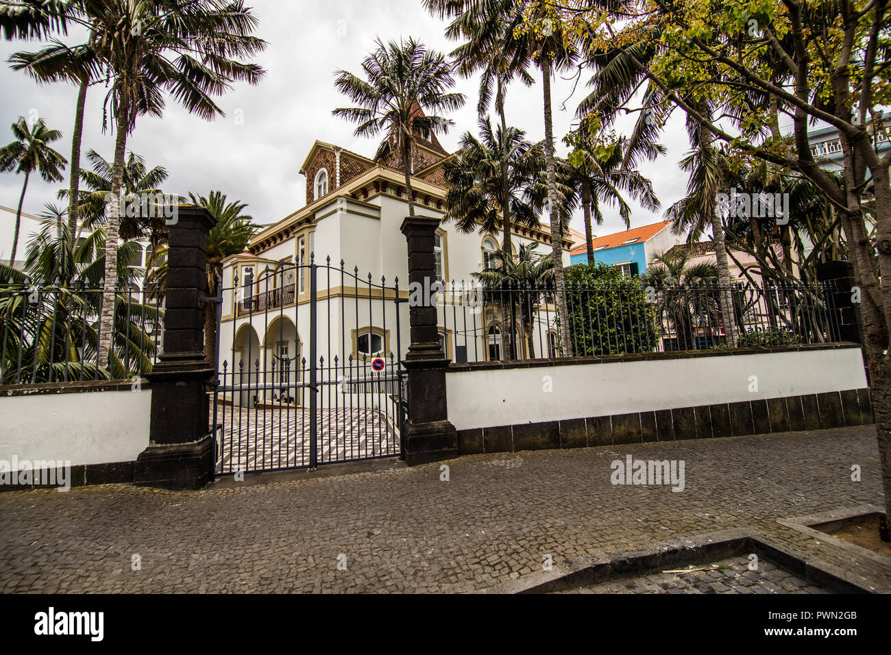 City view with harbor at Ponta Delgada, capital city of the Azores at ...