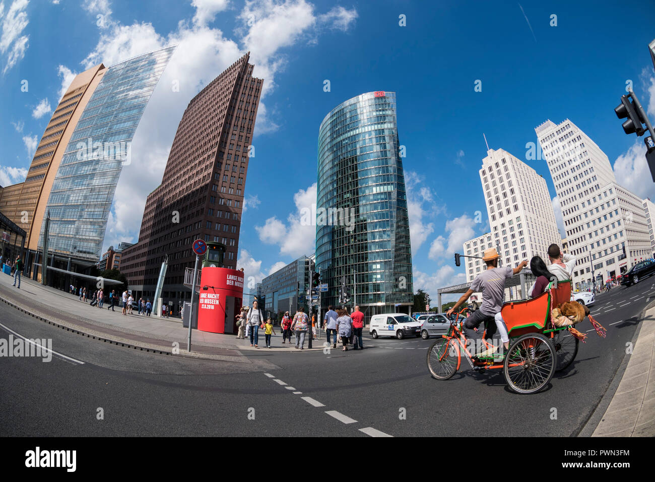 Berlin. Germany. Ground level fisheye view of Potsdamer Platz.  L-R; Daimler Chrysler Tower (Renzo Piano), Potsdamer Platz No. I (Kollhoff-Tower, Hans Stock Photo