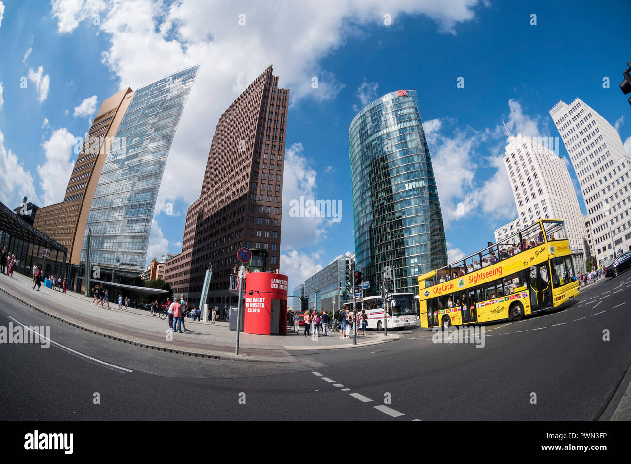 Berlin. Germany. Ground level fisheye view of Potsdamer Platz.  L-R; Daimler Chrysler Tower (Renzo Piano), Potsdamer Platz No. I (Kollhoff-Tower, Hans Stock Photo