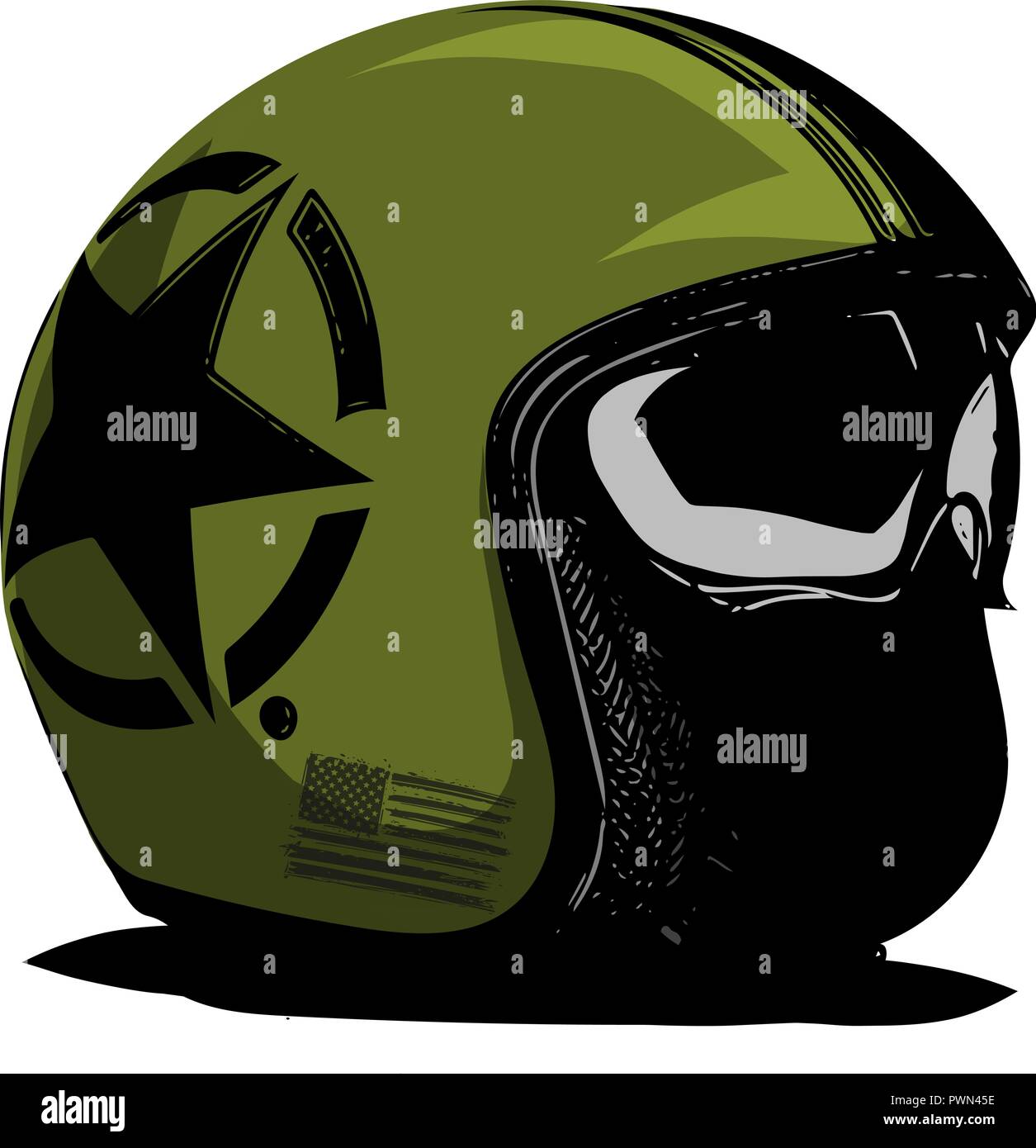 vector green motorcycle helmet with strips on a white background Stock Vector