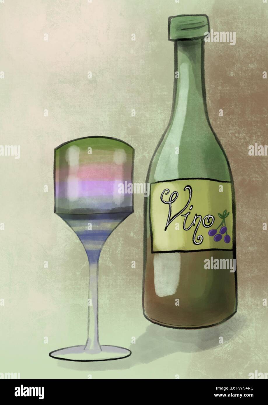 red wine bottle and glass illustration Stock Photo - Alamy