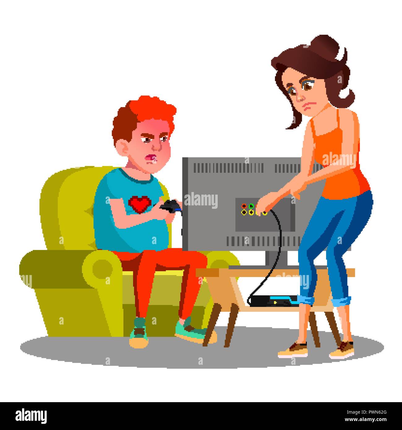 Angry Mother Cutting Wire Of Son Using Video Game Vector. Isolated