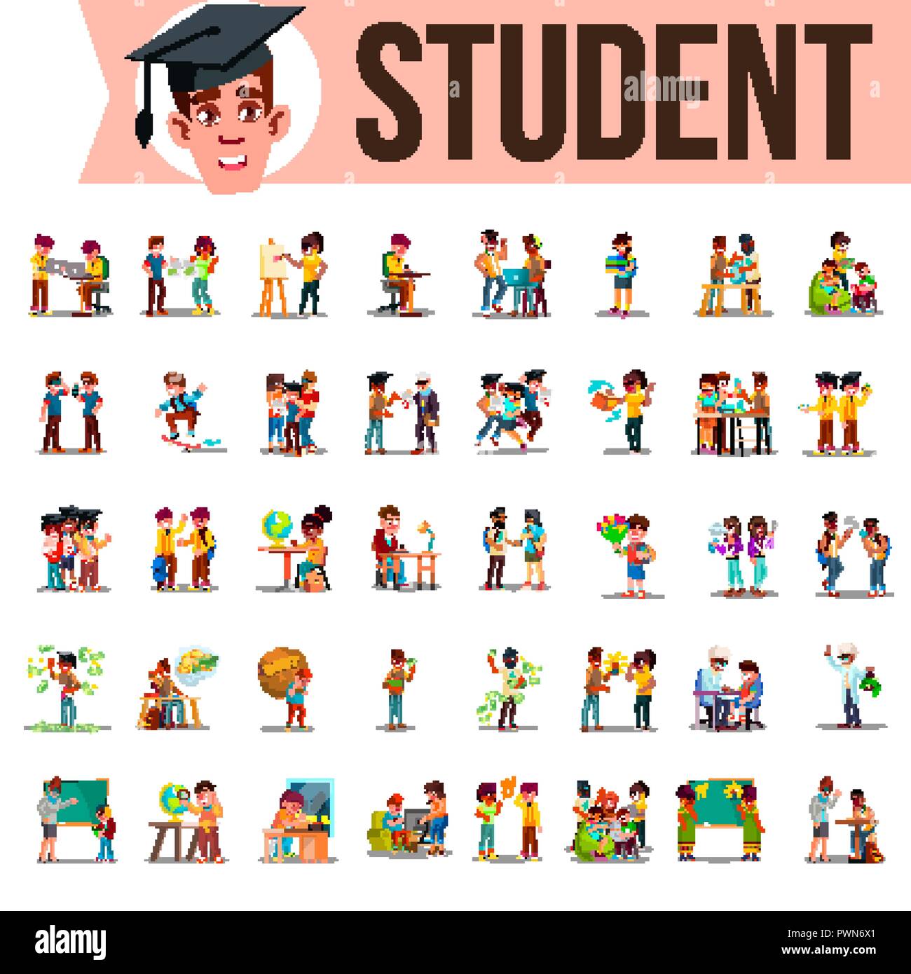 Student Set Vector. Lifestyle Situations. Spending Time, At College, University, Campus, School, Home, Outdoor. Isolated Cartoon Illustration Stock Vector