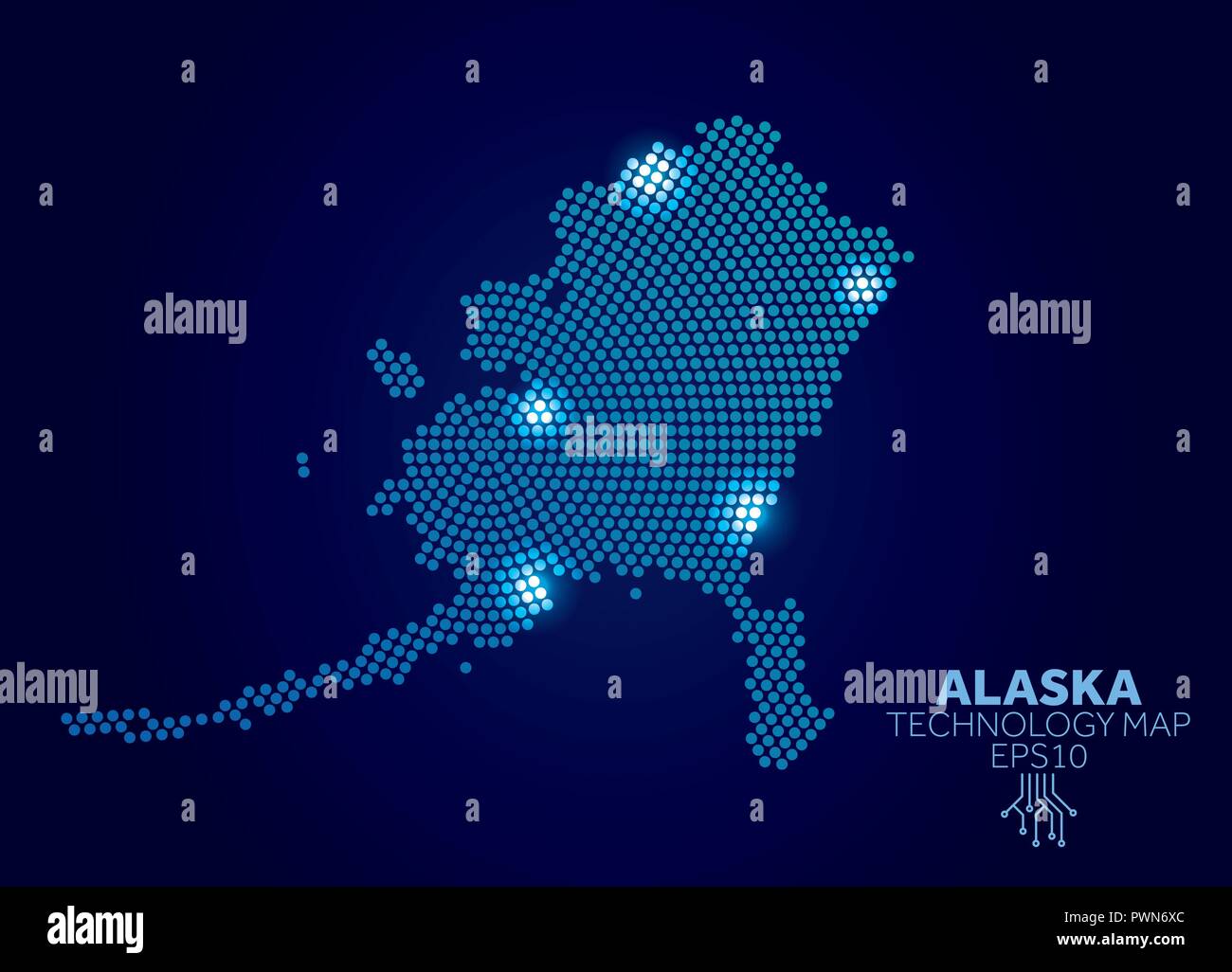 Alaska dotted technology map. Modern data communication concept Stock Vector