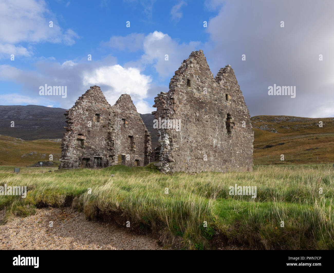 The ruin of Calda House near Ardvreck Castle, Loch Assynt, Scotland. By the A837 road on the North Coast 500 route. Stock Photo