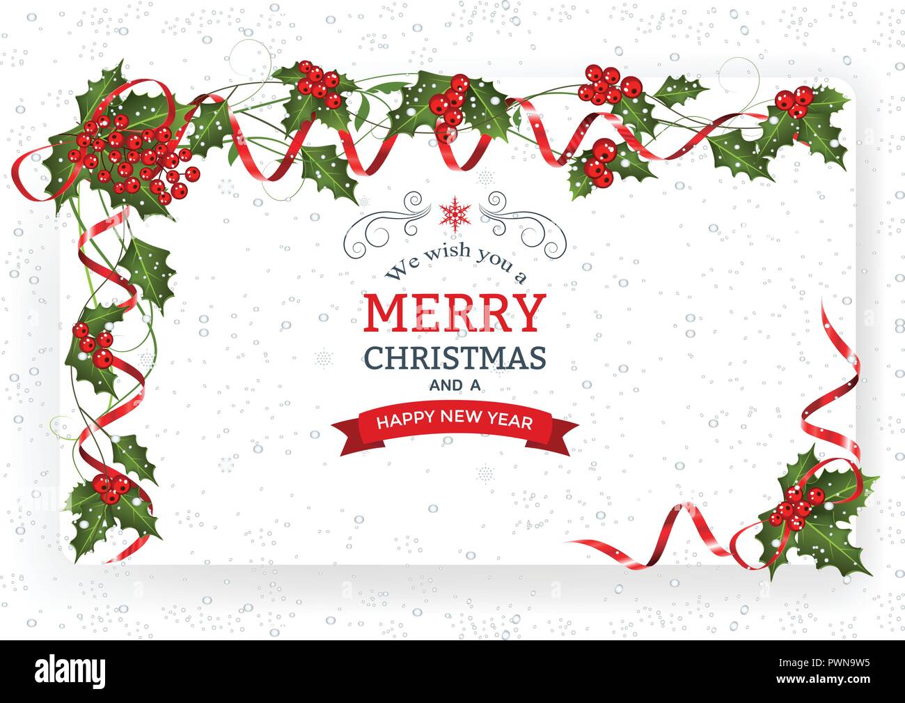Christmas background with decoration and paper. Decorative Christmas festive background with berry and ribbons. Stock Vector