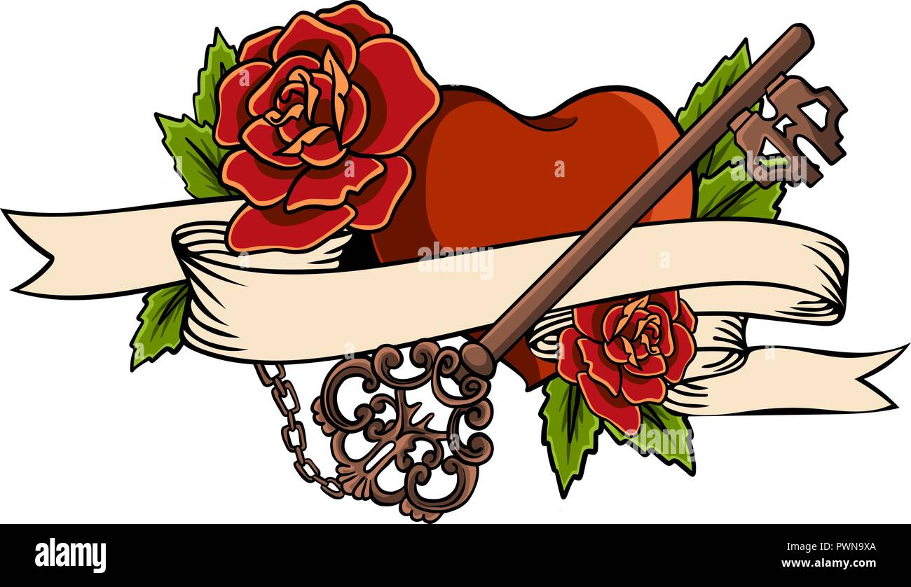 Heart entwined in climbing rose tattoo. Heart entwined in ribbon. Tattoo heart with ribbon and roses. Old school styled. Ribbon with lettering Eternal love. Forever love Stock Vector