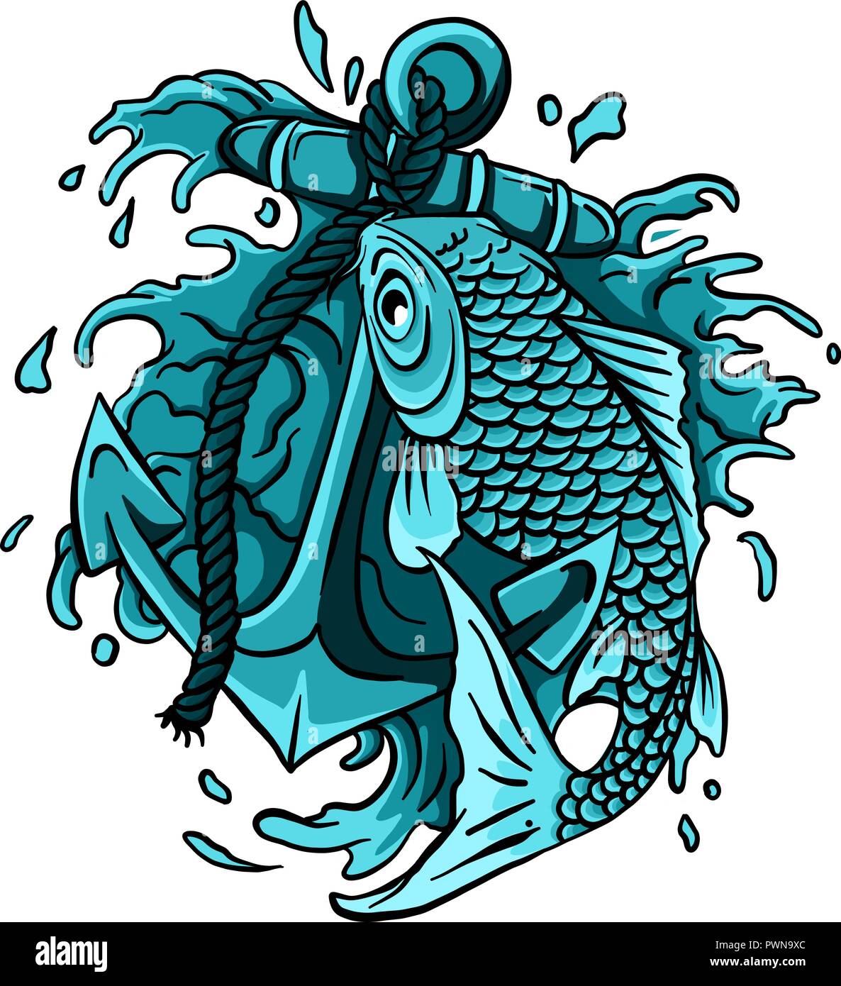 Hand drawn outline Koi fish and water splash Japanese tattoo Stock Vector