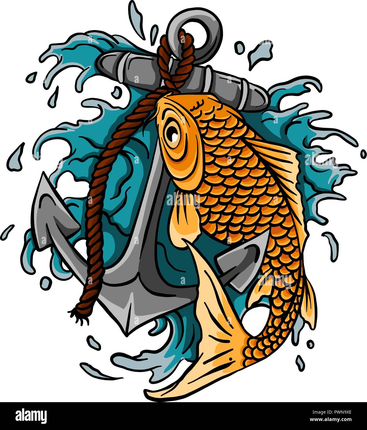Hand drawn outline Koi fish and water splash Japanese tattoo Stock Vector