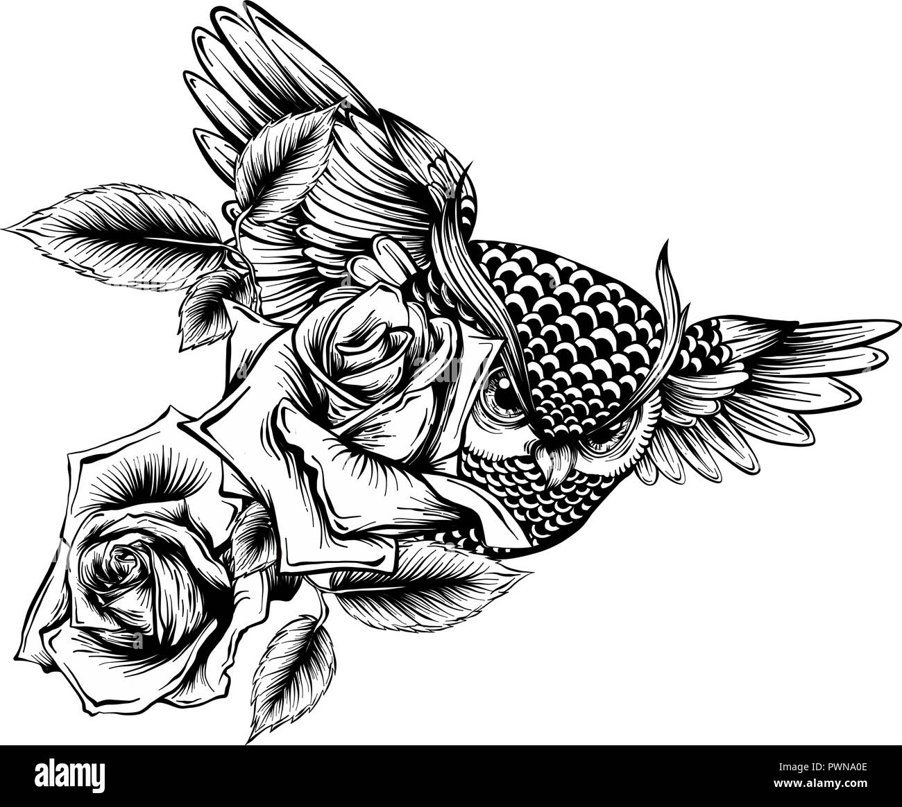 Vector illustration with hand drawn ornate owl with rose flowers Stock Vector