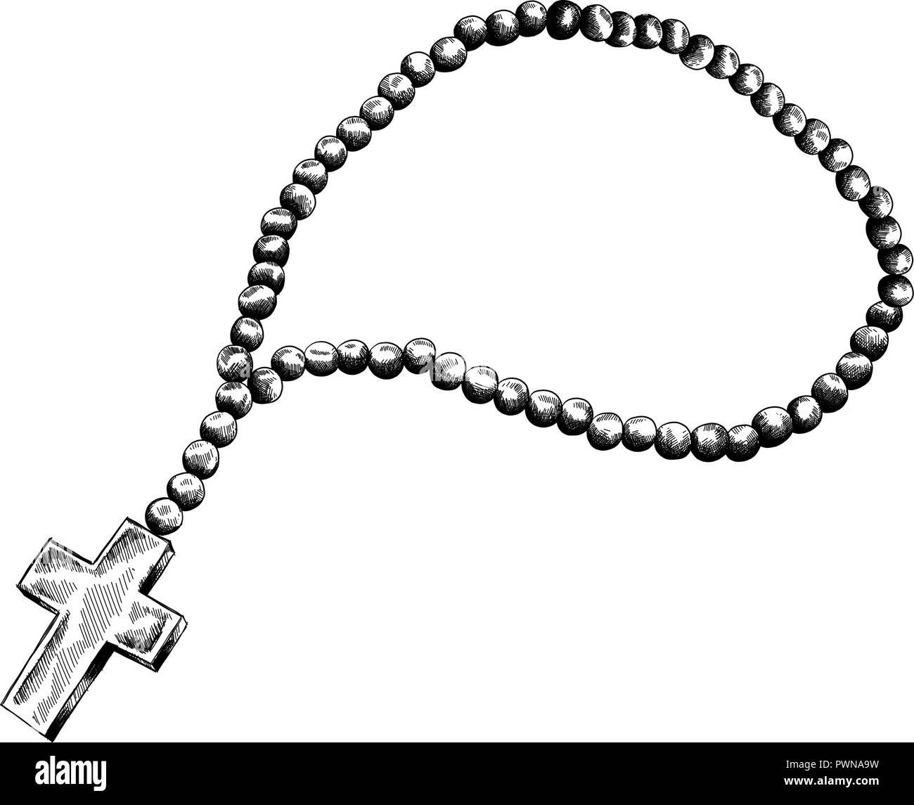 Holy rosary beads vector illustration. Prayer Catholic chaplet with a cross Stock Vector