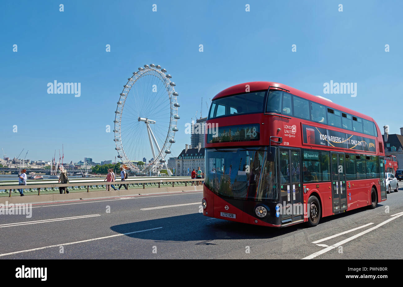london-england-june-26-2018-red-double-decker-bus-is-driving