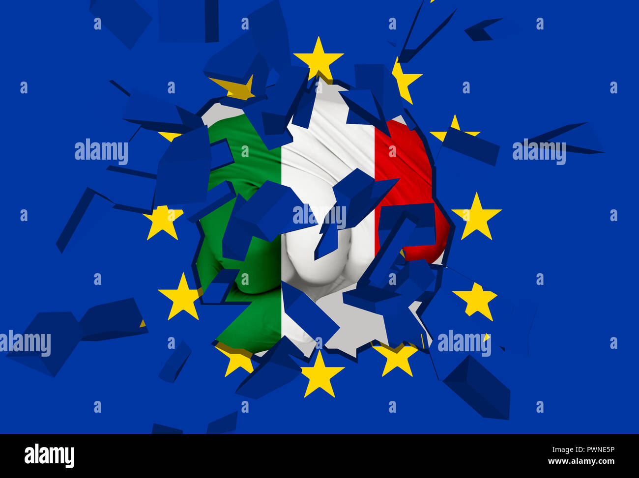 3D illustration: a fist-shaped Italian flag hits and destroys the EU flag. It is an allegorical image of the crisis between EU and Italy followed by t Stock Photo