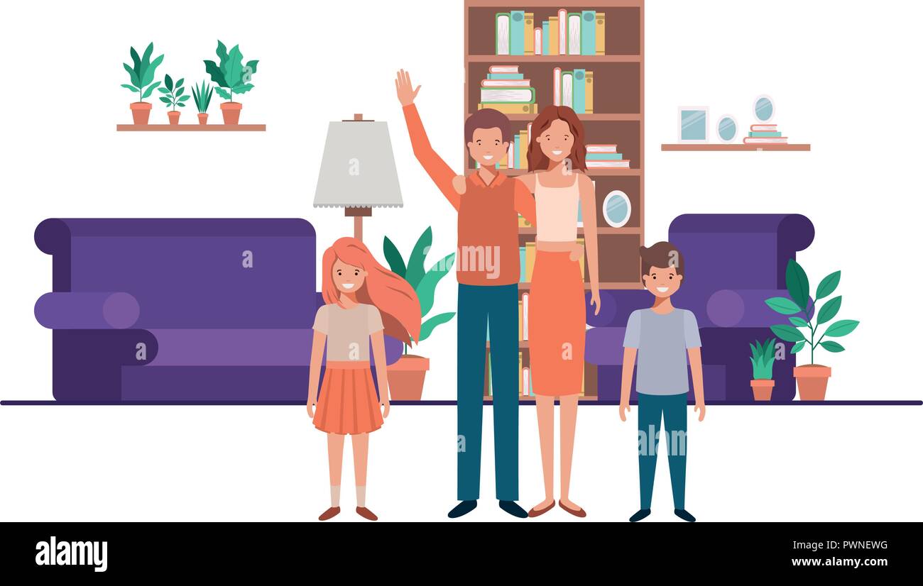 family in living room with library avatar character Stock Vector Image ...