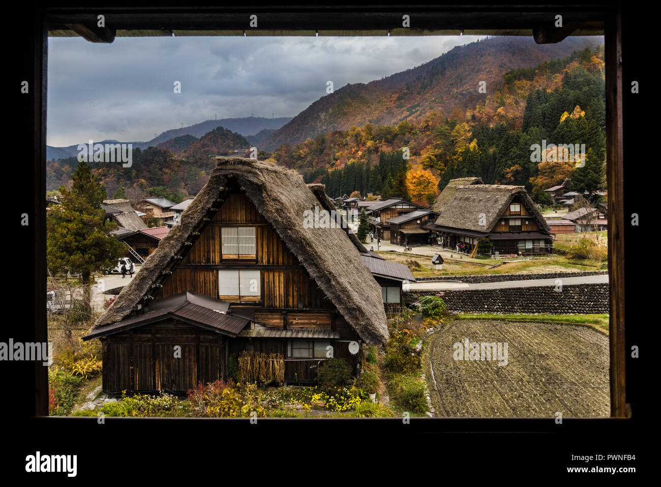 Traditional Houses in the Gassho Style in Ogimachi Village. A UNESCO World Heritage Site in the Japan - Gifu Prefecture. Stock Photo