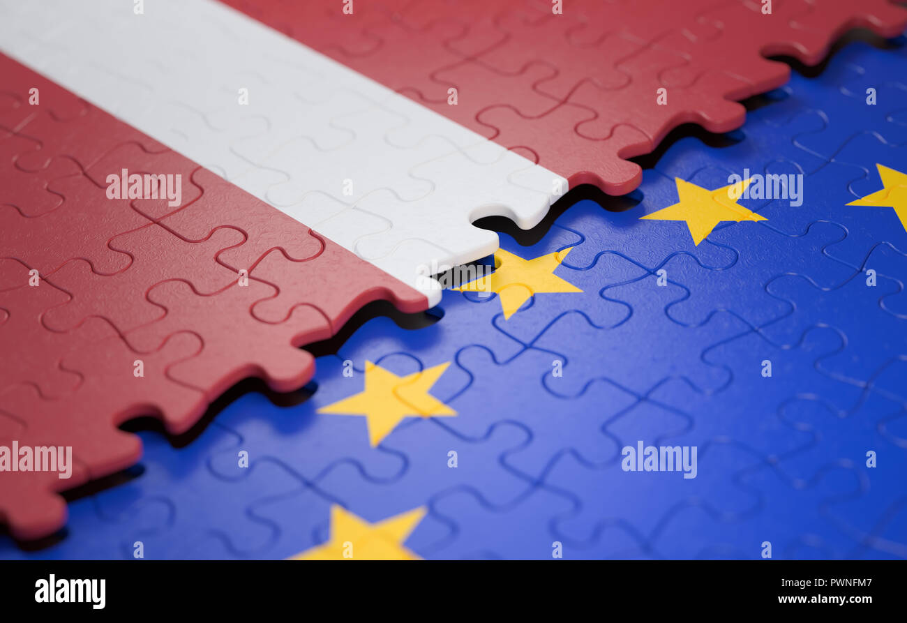 Flag of the Latvia and the European Union in the form of puzzle pieces in concept of politics and economic union. Stock Photo